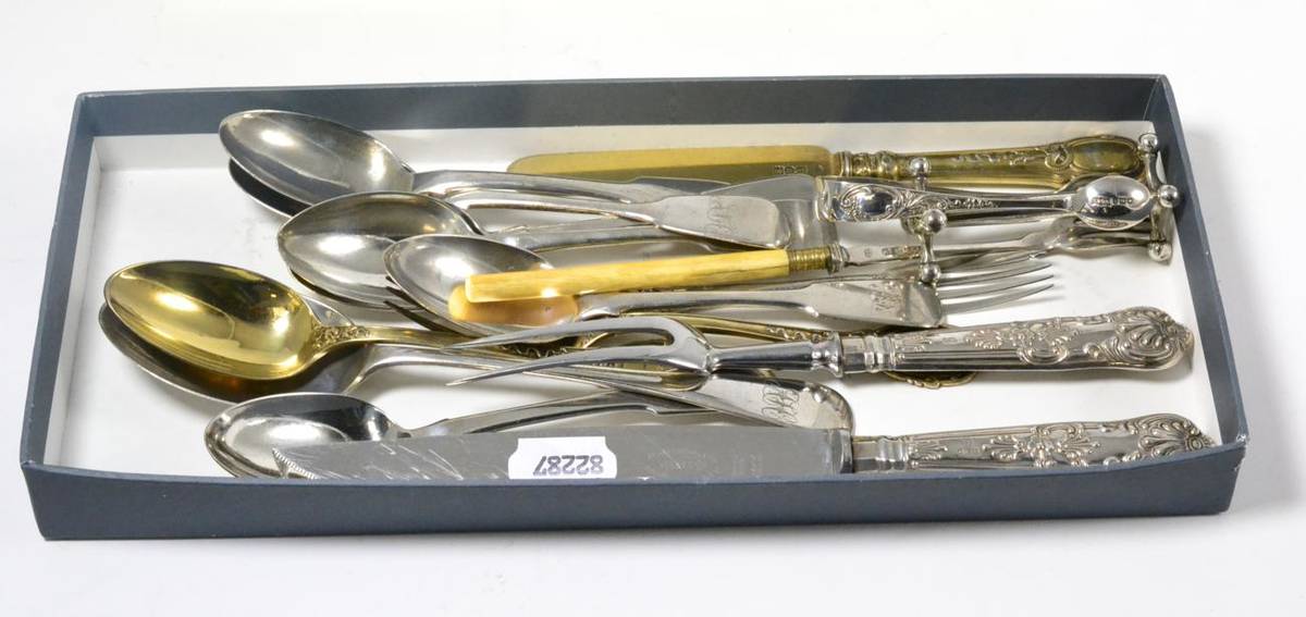 Lot 147 - A selection of table spoons, silver mounted handled carving set etc