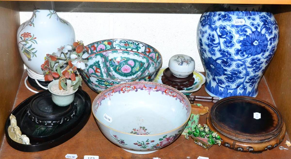 Lot 173 - A group of Oriental items including an 18th century Chinese porcelain punch bowl (a.f.), a blue and
