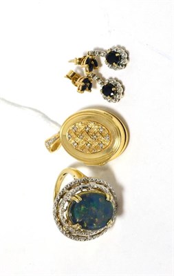 Lot 201 - A pair of diamond and sapphire earrings, a diamond set locket and an opal ring