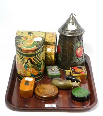 Lot 256 - Six various vintage tins including Huntley & Palmer lantern and a small collection of snuff...