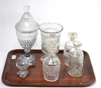 Lot 257 - A tray of Georgian glassware including celery vase, decanters, pedestal salt etc