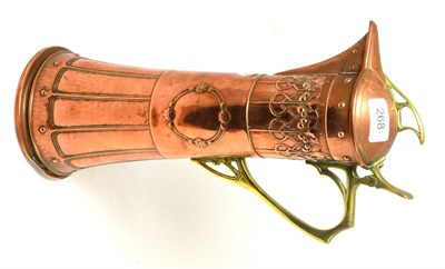 Lot 268 - An Art Nouveau style (Wurtemburgische Machin Fabrik) copper and brass ewer of slender form,...
