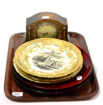Lot 307 - Two Doulton Flambe wall plates, three other cabinet plates and a 1920's oak cased mantel clock with