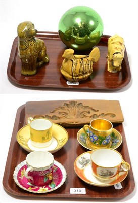 Lot 310 - Three 19th century Worcester tea cups and saucers and another, three Victorian pottery models,...