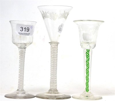 Lot 319 - Three various George III wine glasses, each with spiral cotton twist stems (a.f.)
