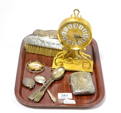 Lot 341 - A silver cigarette case, three silver spoons, two silver mounted brushes, gilt metal timepiece etc