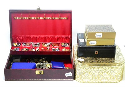 Lot 342 - A quantity of jewellery in six boxes including silver, white metal and costume jewellery, a...