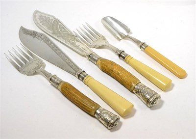 Lot 347 - Two pairs of plated fish servers with silver mounts and a similar cheese scoop