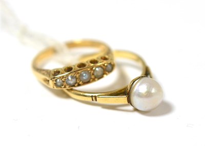 Lot 377 - A pearl five stone ring stamped '18CT' and a pearl single stone ring stamped '9CT' (a.f)