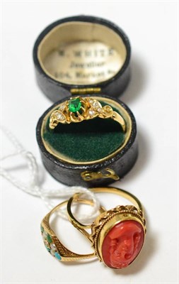 Lot 421 - An 18ct gold emerald and diamond ring, a 9ct gold coral ring and turquoise and seed pearl...