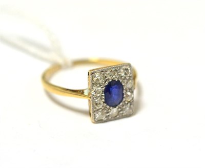 Lot 429 - A sapphire and diamond plaque ring, total estimated diamond weight 0.30 carat approximately