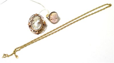 Lot 438 - A cameo ring, a cameo brooch in wire frame and a Prince of Wales chain (a.f.) (3)