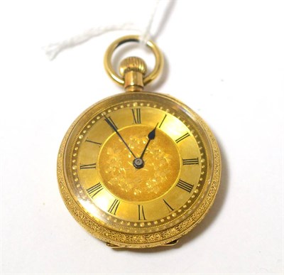 Lot 443 - A fob watch, gilt dial with Roman numerals, with foliate engraved face, stamped '18K'