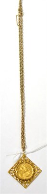 Lot 445 - An 1893 gold sovereign in square filigree mount on chain