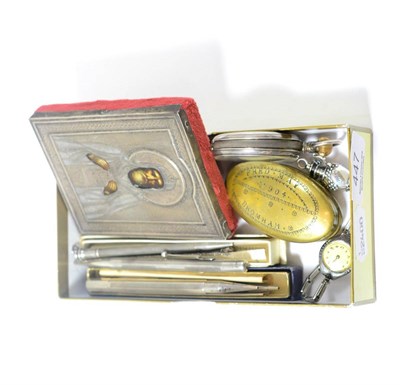 Lot 447 - A Russian icon, white metal mounted front with the edge stamped '84', brass snuff box stamped 'Frey