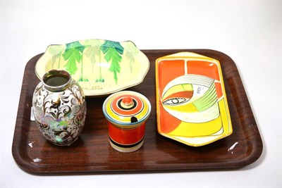 Lot 455 - Grays pottery comprising cubist sandwich tray, lustre vase, Susie Cooper banded preserve pot...