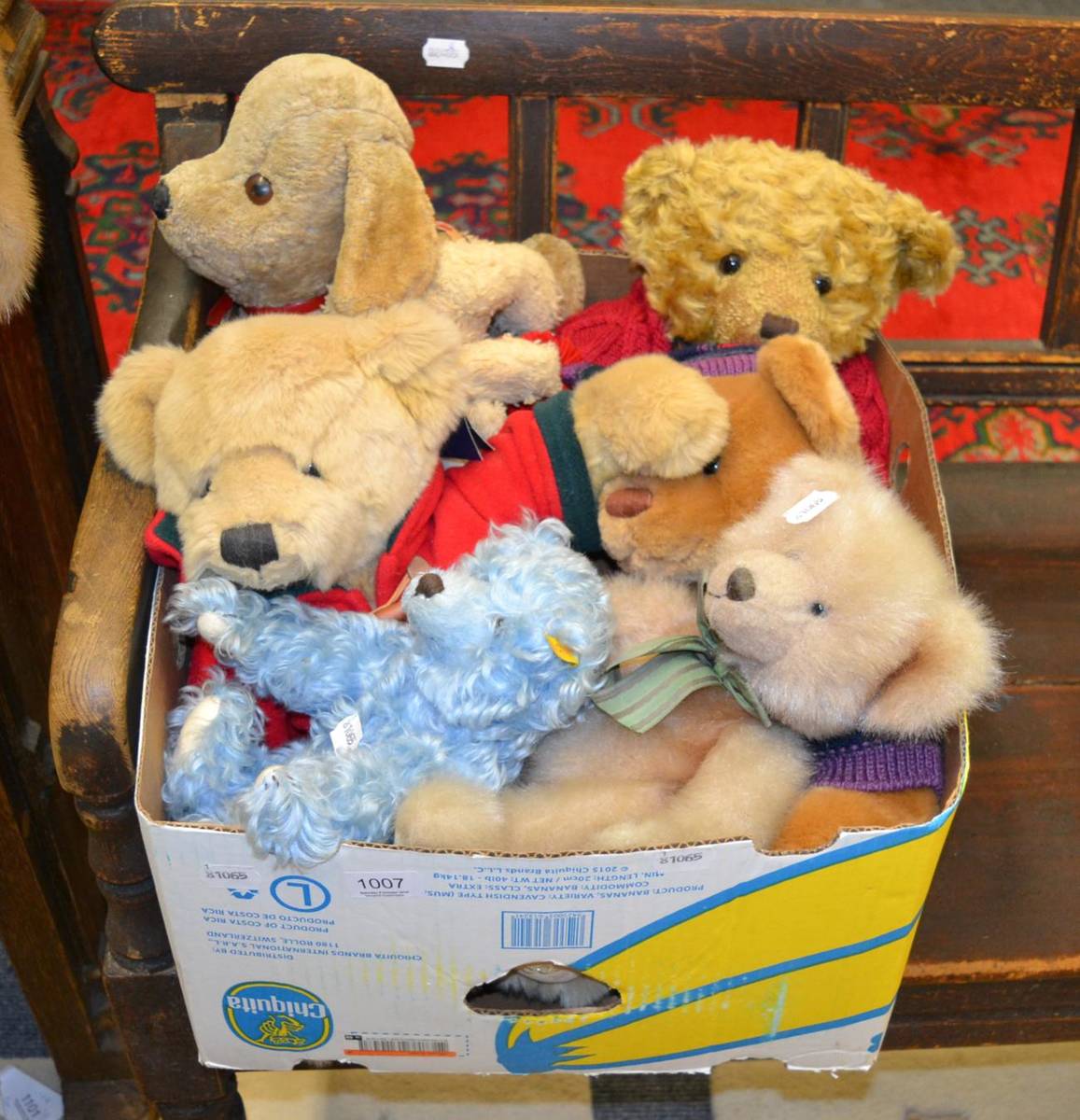 Lot 1007 - Musical clockwork standing dog, Harrods 2003-2005 bears, blue plush modern Steiff bear and two...