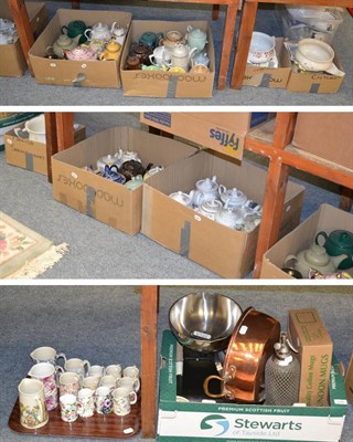 Lot 1045 - Modern kitchenwares including Aga scales, decorative cream and milk jugs, a marble rolling pin etc