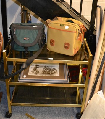 Lot 1054 - Billingham camera bag, another Lowepro example, gilt tea trolley, Indian rug and two framed...