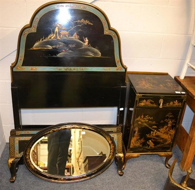 Lot 1056 - A chinoiserie lacquered bedside cupboard, matching pair of single beds and an oval framed...