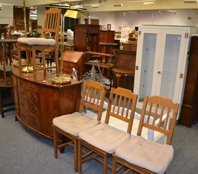 Lot 1064 - Assorted furniture comprising bow fronted sideboard, two standard lamps, set of four pine...