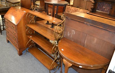 Lot 1069 - Burr walnut bureau, four tier bookcase and a demi lune hall table (3)