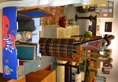 Lot 1084 - An enamel and silver five piece dressing table set, faux book stick stand, and file holders, a...