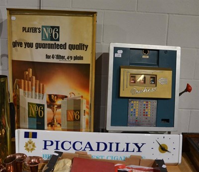 Lot 1126 - Players Cigarettes advertising sign, a Piccadilly advertising clock and a one armed bandit