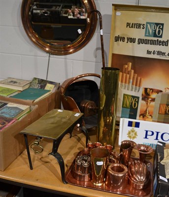 Lot 1128 - Keswick vase, footman, copper mirror, copper coal scuttle, shell case and various copper