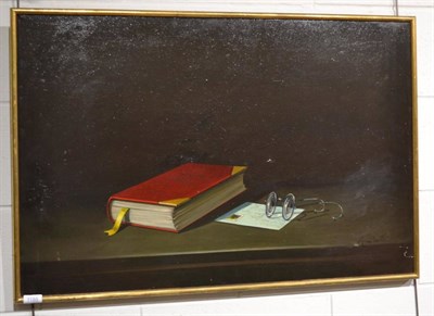 Lot 1185 - Guiletti (20th/21st Century), Still Life of a red book, letter and a pair of spectacles, signed oil