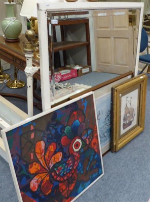 Lot 1193 - A painted over mantel mirror together with three framed articles and a glazed display cabinet (5)