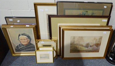 Lot 1195 - Russell Flint print; a watercolour signed Crossley; oil on canvas, portrait of an elderly lady; two