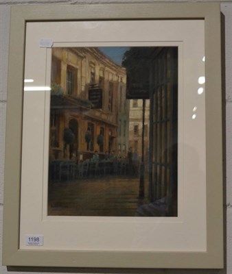 Lot 1198 - Kevin Hughes RI, (b.1947-), 'Street Cafe, Bath', pastel, signed and framed