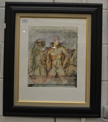 Lot 1203 - Priscilla von Groenig (Contemporary) Standing male nude, signed and dated (19)91, mixed media