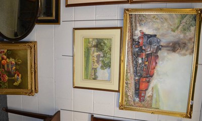 Lot 1204 - A pair of Somerset still lives; Chadwick watercolour 1930's house, Allsebrook oil steam train (4)