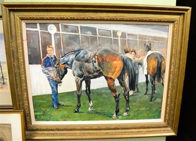 Lot 1214 - Malcolm Coward (contemporary), Carlisle Races - Washing Down, oil on canvas, signed, lower left