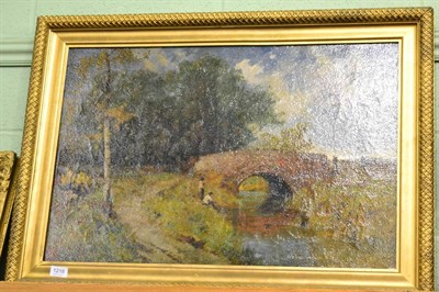 Lot 1218 - British School (19th century) Landscape with figures fishing before a bridge, oil on canvas