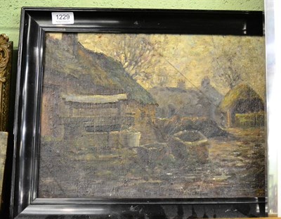 Lot 1229 - British School (19th/20th century) Figure in a farmyard before thatched cottages, oil on canvas...