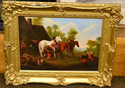 Lot 1237 - 19th century school, shoeing horses, oil on canvas, within a gilt frame, unsigned