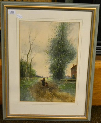 Lot 1238 - J Doeleman (1848-1913), figures on a woodland path, watercolour, signed