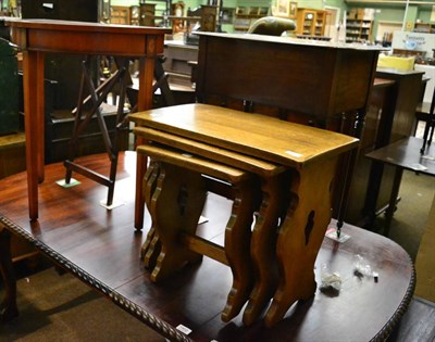 Lot 1401 - Nest of three oak tables, modern demi lune hall table and a three tier oak hanging shelf