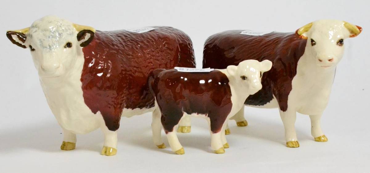 Lot 133 - Beswick Cattle Comprising: Hereford Bull Ch. of Champions, model No. 1363B, Hereford Cow, model No.