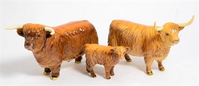 Lot 135 - Beswick Cattle Comprising: Highland Bull, model No. 2008, Highland Cow, model No. 1740 (a.f.)...