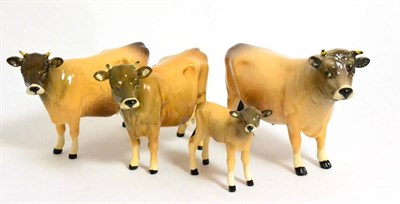 Lot 137 - Beswick Cattle Comprising: Jersey Bull Ch. ";Dunsley Coy Boy";, model No. 1422, two Jersey Cows Ch.