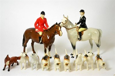 Lot 147 - Beswick Hunting Group Comprising: Huntsman, model No. 1501, style two, brown gloss, Huntswoman,...