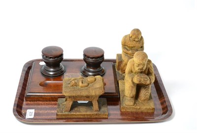 Lot 209 - A mahogany inkwell stand with applied plaque inscribed ";HMS Britannia"; and three carved...