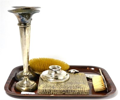 Lot 213 - Assorted silver comprising cased spoons, brushes, inkwell and flower tubes