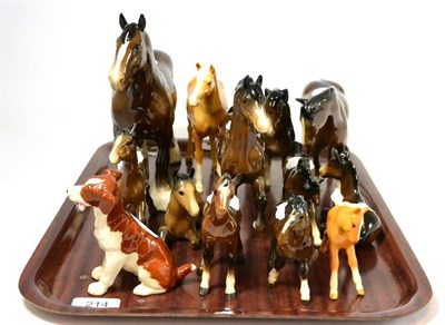 Lot 214 - Twelve Beswick and other pottery horses and Beswick pottery dog (13)