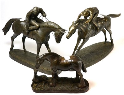 Lot 216 - Two resin horse and jockey figures together with a similar horse and foal model