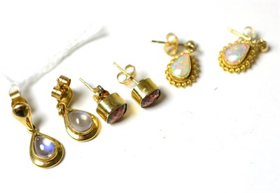 Lot 269 - A pair of garnet stud earrings, a pair of moonstone earrings and a pair of opal earrings